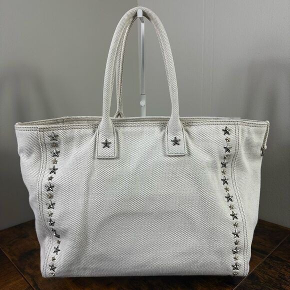 Jimmy Choo Pegasi Large Canvas Tote Bag Off White Neutral Star Studded - Picture 2 of 16